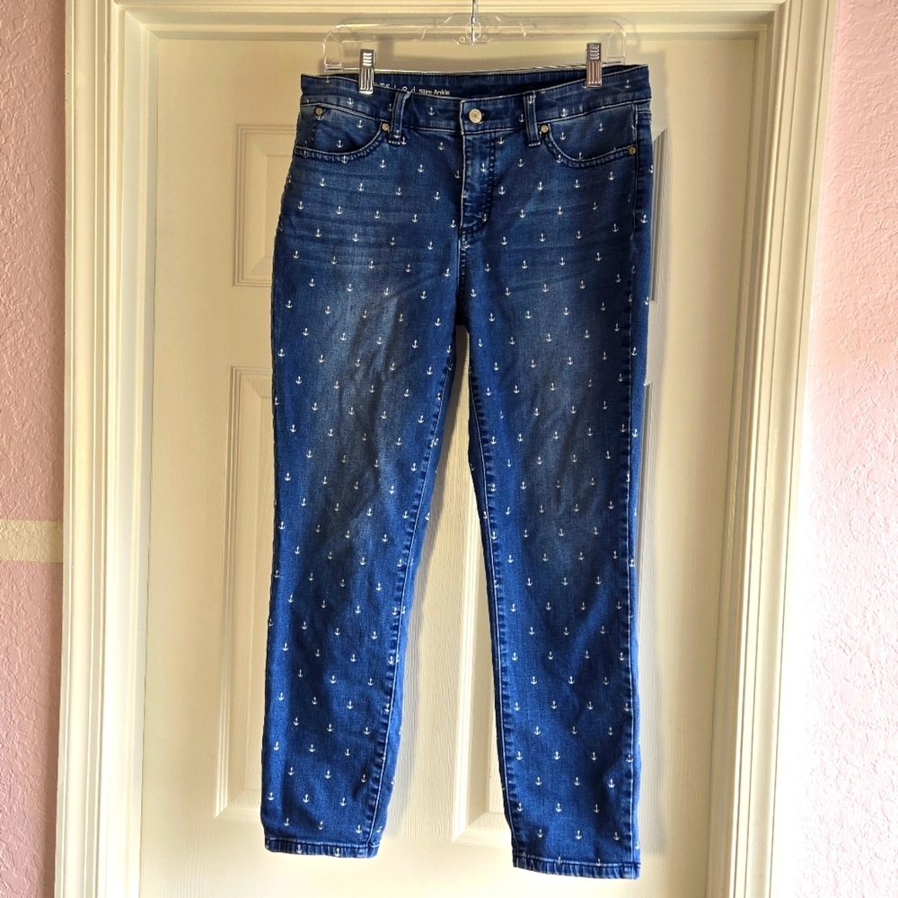 Talbots Anchor Print Jeans Size 8 Flawless Slim‎ Ankle Blue Medium Wash Denim